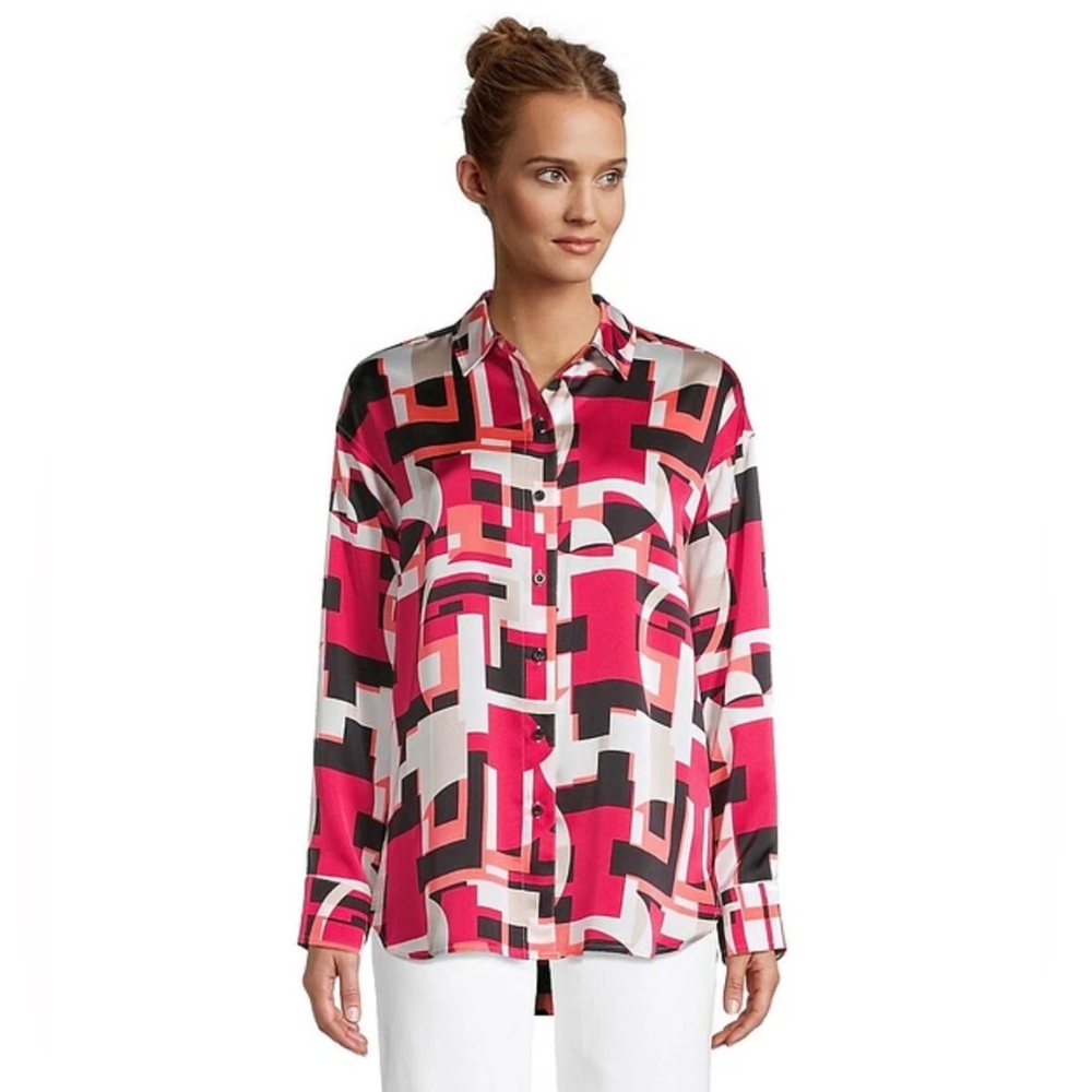 Karl Lagerfeld Red and Black Paris Geometric Oversized Blouse
